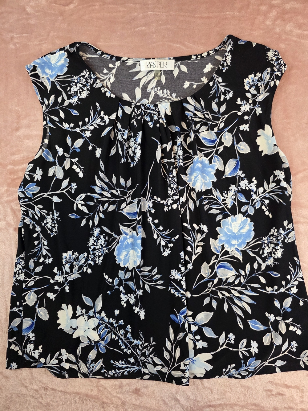 Kasper Black Sleeveless Floral Blouse with Blue and Cream Blooms